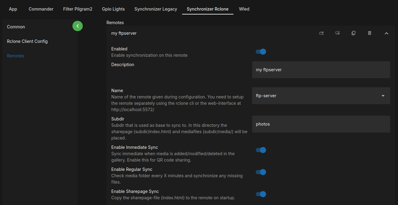 example to configure ftp server in the app