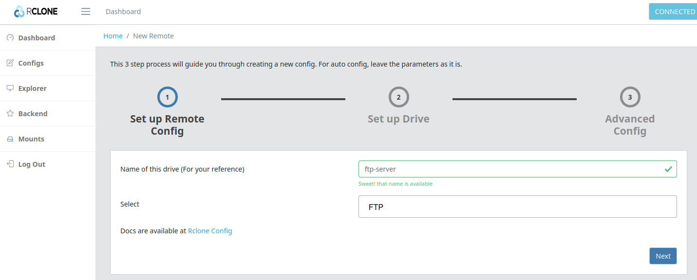 example to configure ftp server in the rclone webui